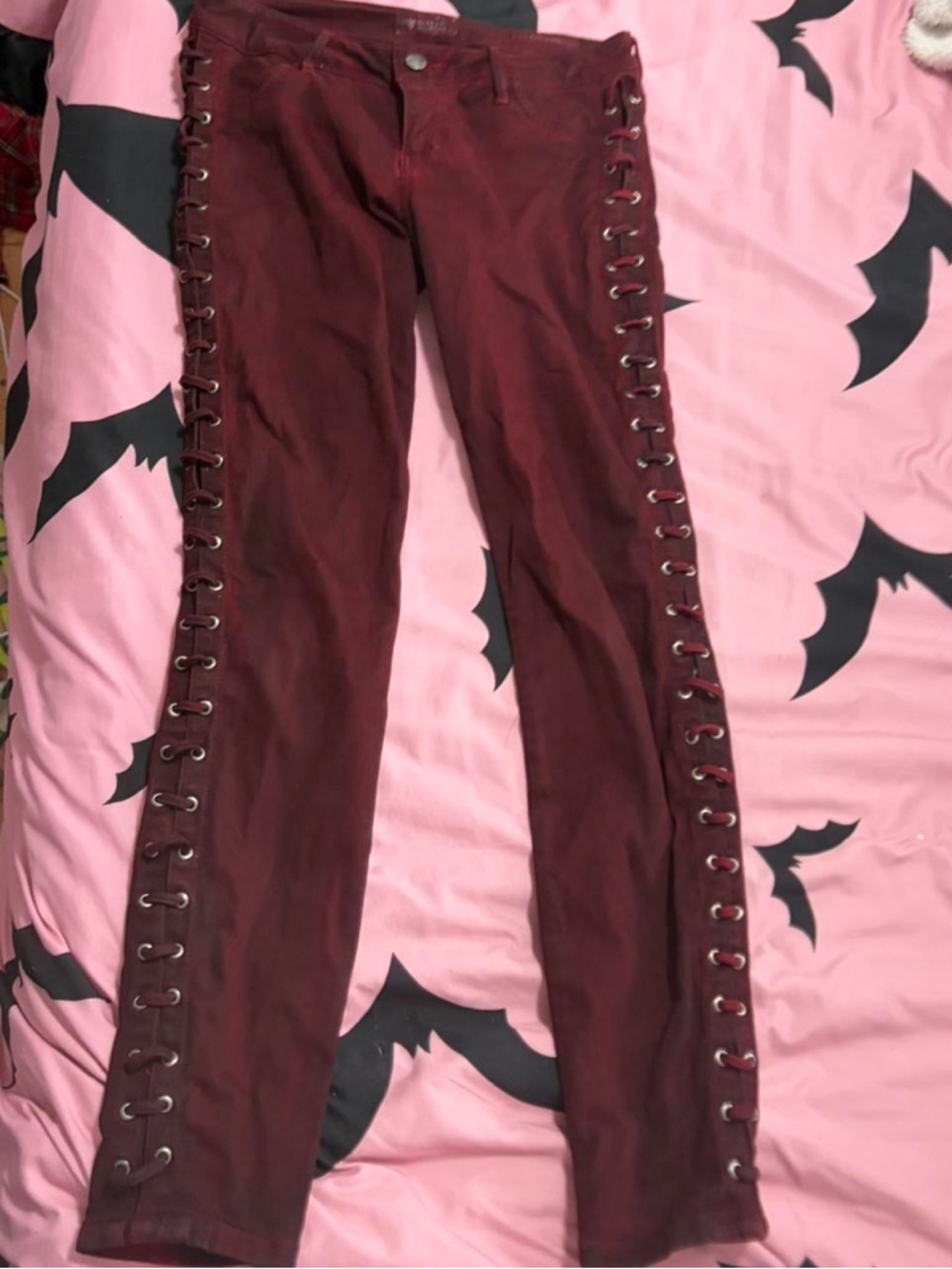 GUESS Burgundy Lace-Up Side Eyelet Pants